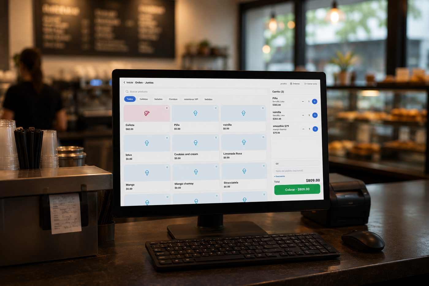 Copo POS funcionando en una computadora de mostrador dentro de una cafetería