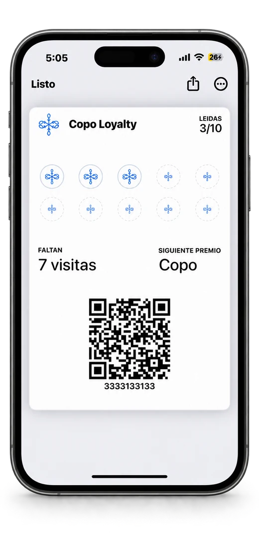 Tarjeta de lealtad de Copo en Apple Wallet con 3 de 10 visitas